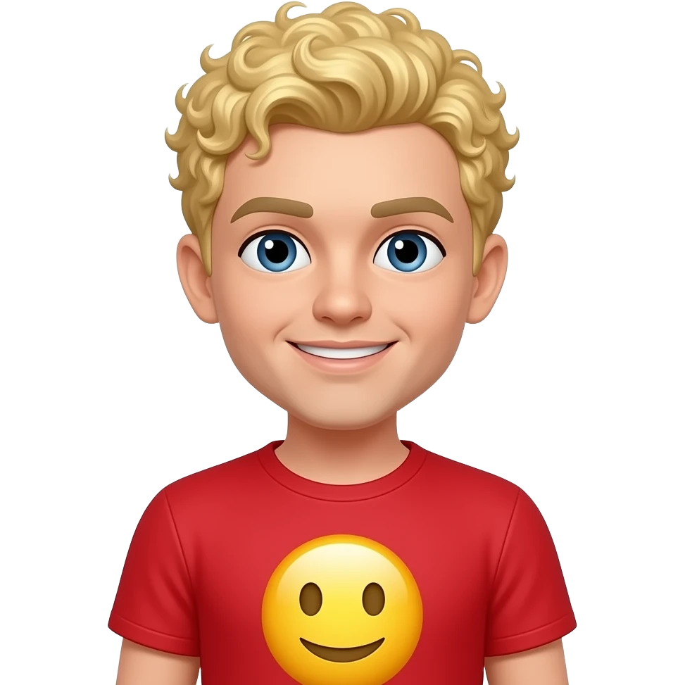short blonde tight curly hair with a yellow emoji in a red short sleeve short emoji