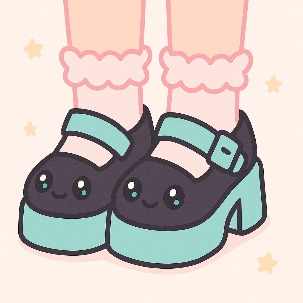 Add cute frilly pastel socks to the BLACKPINK-inspired gothic shoes with pastel teal accents, keep them kawaii style, no hearts. emoji