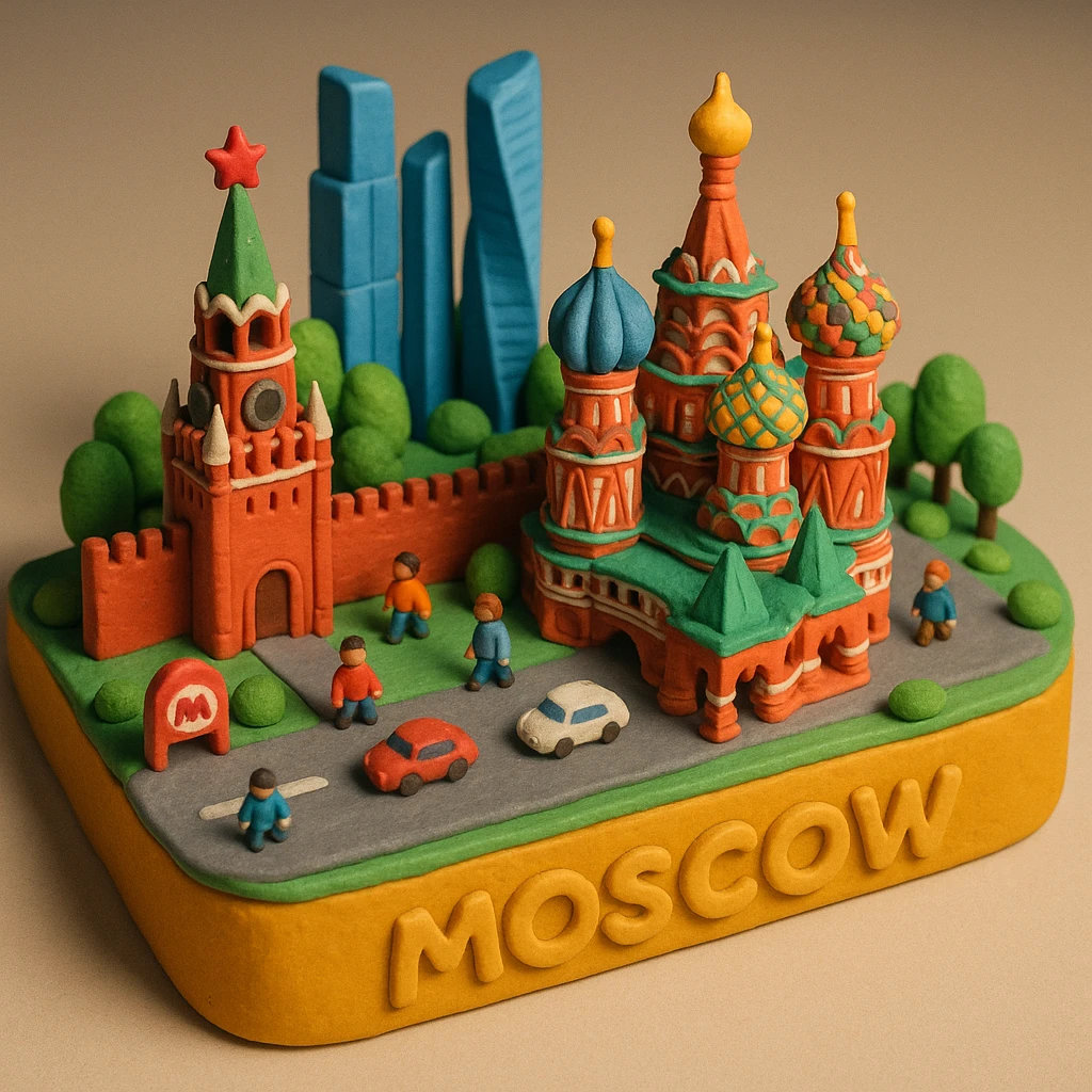 Изометричная миниатюрная 3D модель Москвы на подставке - фотореалистичный Кремль, собор Василия Блаженного, фотореалистичный Башни Москва-Сити, аккуратная детализация, яркие цвета, мультяшный реализм, гуляют люди и современный автотранспорт и метро, компактная композиция, вид сверху в изометрии emoji