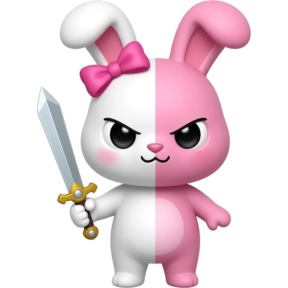 Um coelho de pelúcia metade branco é rosa as duas metafes com a cara fofa lacinho rosa na cabeça orelhas pra cima segurando uma espada com expressão malignaela se chama monomi emoji