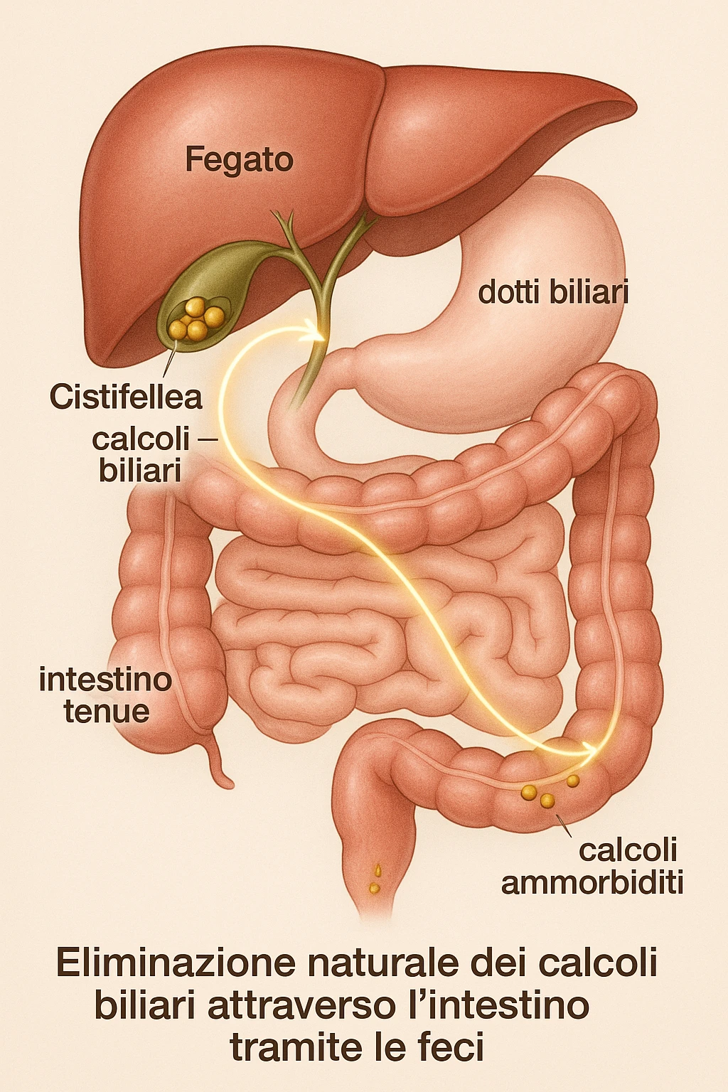 A realistic, educational medical illustration showing the human digestive tract focusing on the liver, gallbladder, bile ducts, and intestines. The gallbladder is depicted with small gallstones inside. A soft glowing arrow indicates the flow of bile and small stones moving naturally from the gallbladder through the bile ducts into the intestines. In the colon, small softened gallstones are shown being prepared for elimination, symbolizing their removal through bowel movements. The style is clean, precise, and clear with soft anatomical colors (greens, soft reds, and yellows) and faint glowing arrows to illustrate the process. The background is a subtle neutral gradient to keep the focus on the organs and the pathway. The image conveys the concept of natural gallstone elimination through the intestines via the stool in a clear, non-graphic, and educational way in italiano emoji