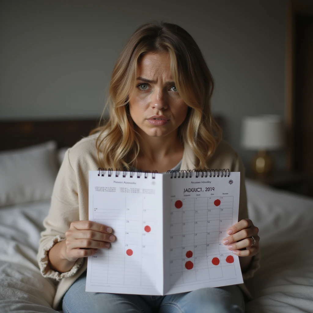 hyperrealistic 4K detailed image of a woman with hormonal imbalance, sitting on bed holding menstrual calendar, confused expression, red circles on some dates, domestic environment emoji