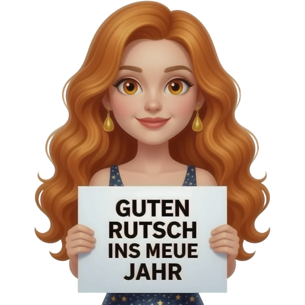 sexy girl with long wavy ginger hair and ginger eyes wearing a new years eve dress is holding a white colored sign with GUTEN RUTSCH INS NEUE JAHR written on it emoji