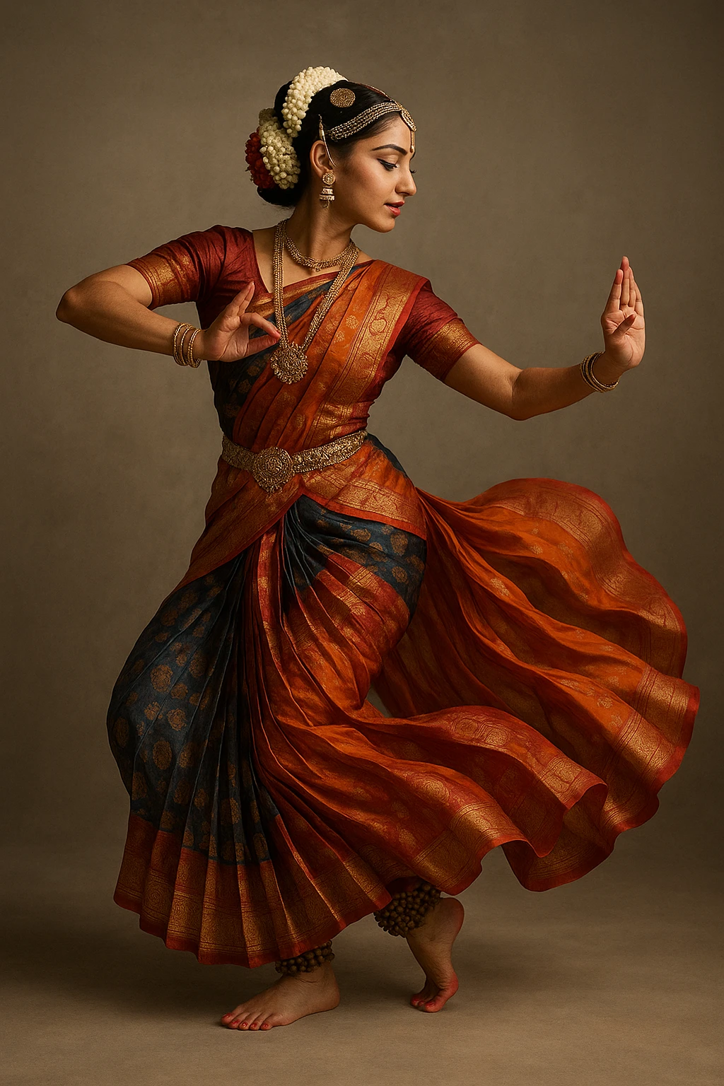 Bharatanatyam dancer, side profile, dynamic movement, flowing costume, intricate patterns, cultural elegance emoji