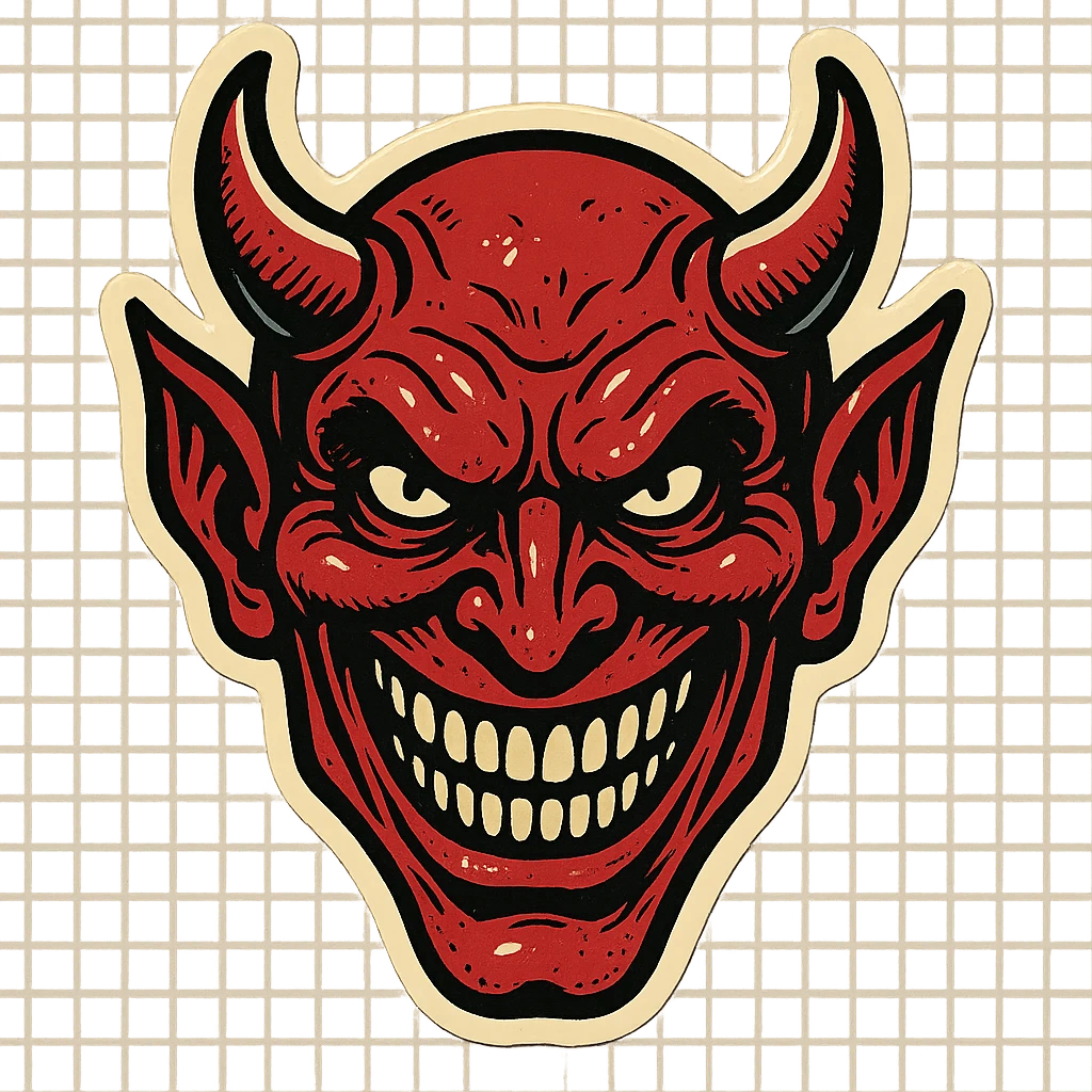 scary demonic smiling face, retro stickers style, sharp black outlines, simple but detailed drawing, clear shadows and highlights, no gradients emoji