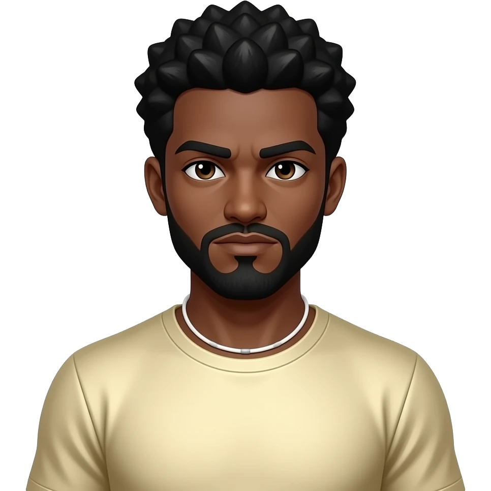 CoryxKenshin with dark brown eyes, black afro hair and short beard, ivory metallic t-shirt, white neck bracelet emoji