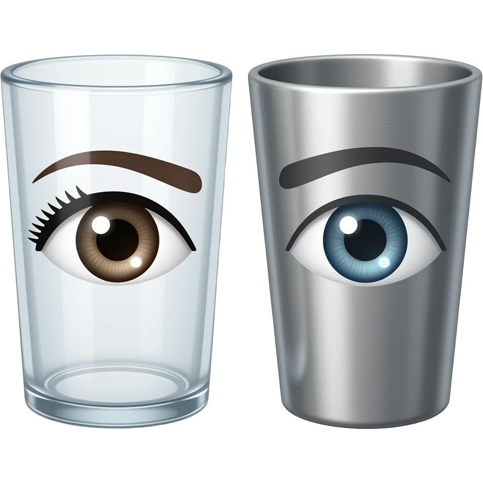 Glass cup with female eyes next to metal cup with male eyes emoji