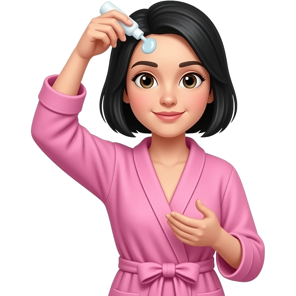 White girl taking care of her black short hair by giving herself a hair tonic massage, wearing a pink robe, iPhone emoji style emoji