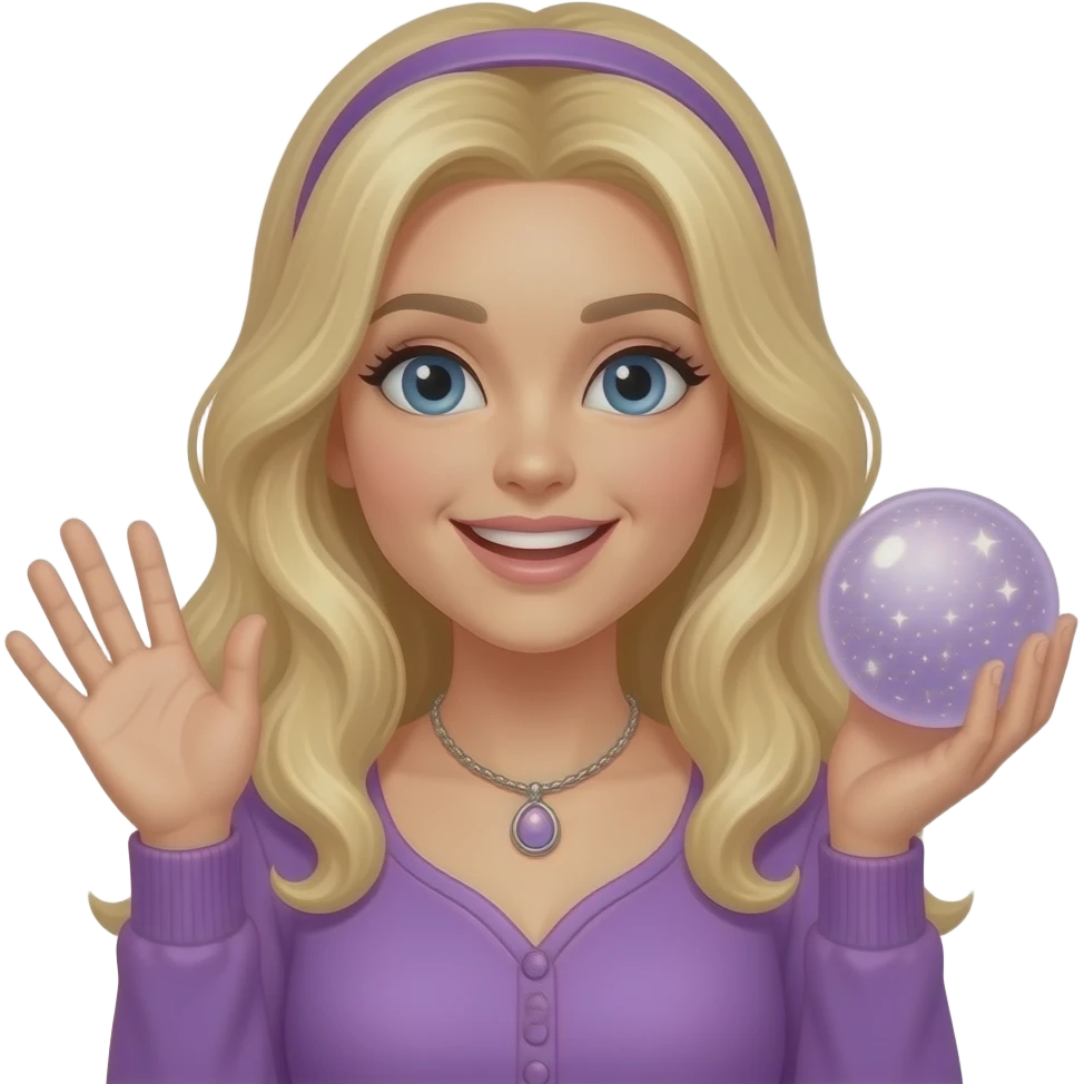 Женщина машет привет с волшембнвм шаром в руке, в фиолетовой одежде emoji