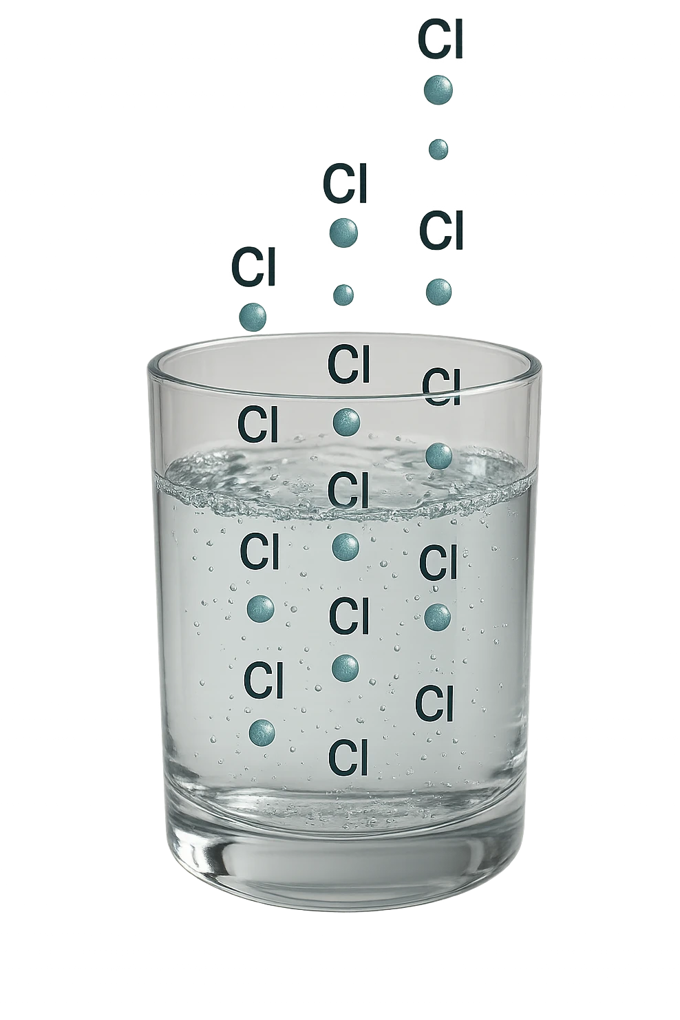 un bicchiere di acqua fluttua in aria realistico e dettagliato, dentro l'acqua del bicchiere ci sono particelle di cloro ben visibili con la scritta "Cl" sopra, ci sono particelle anche che escono dal bicchiere e fluttuan
o in aria verticalmente, mentre alcune sono all'interno dell'acqua nel bicchiere, iperrealistico 4k emoji