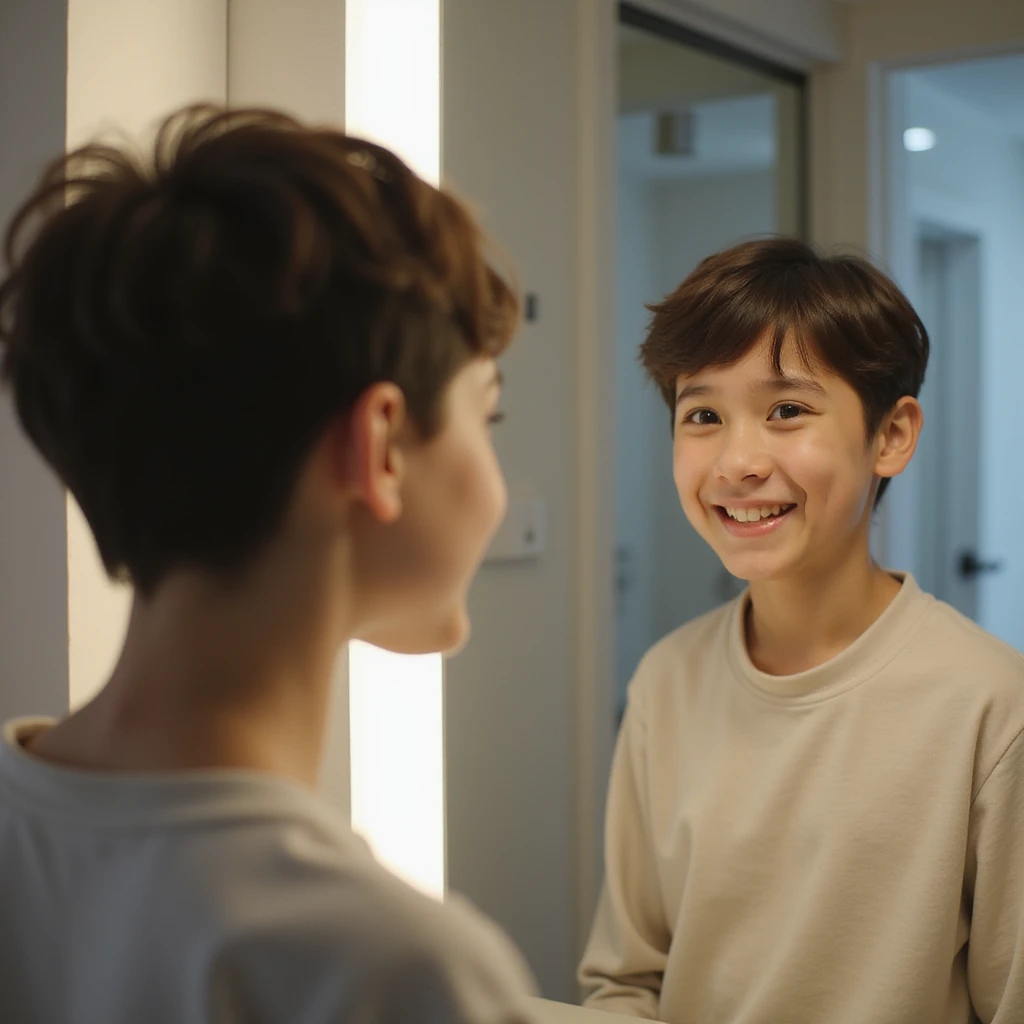 girl with short hair looking at herself in the mirror after a major haircut, expression mixed with pride and insecurity, modern bathroom, hyperrealistic 4K details emoji