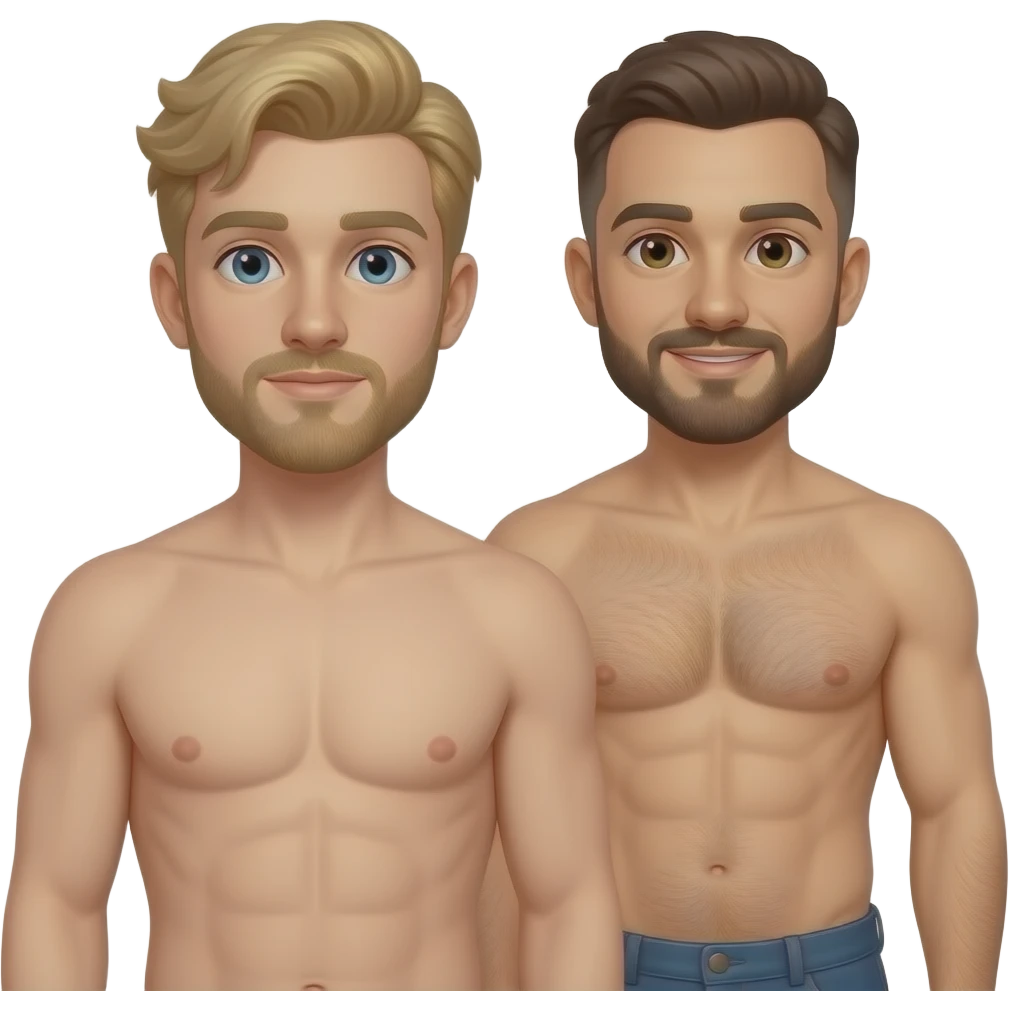 naked gay sex position with Two men standing. The first is a young man with blond hair and a blond beard. The second is a man with a shaved head and a dark brown beard. Friendly appearance, natural posture, clean cartoon illustration style, simple shapes and bold outlines. emoji