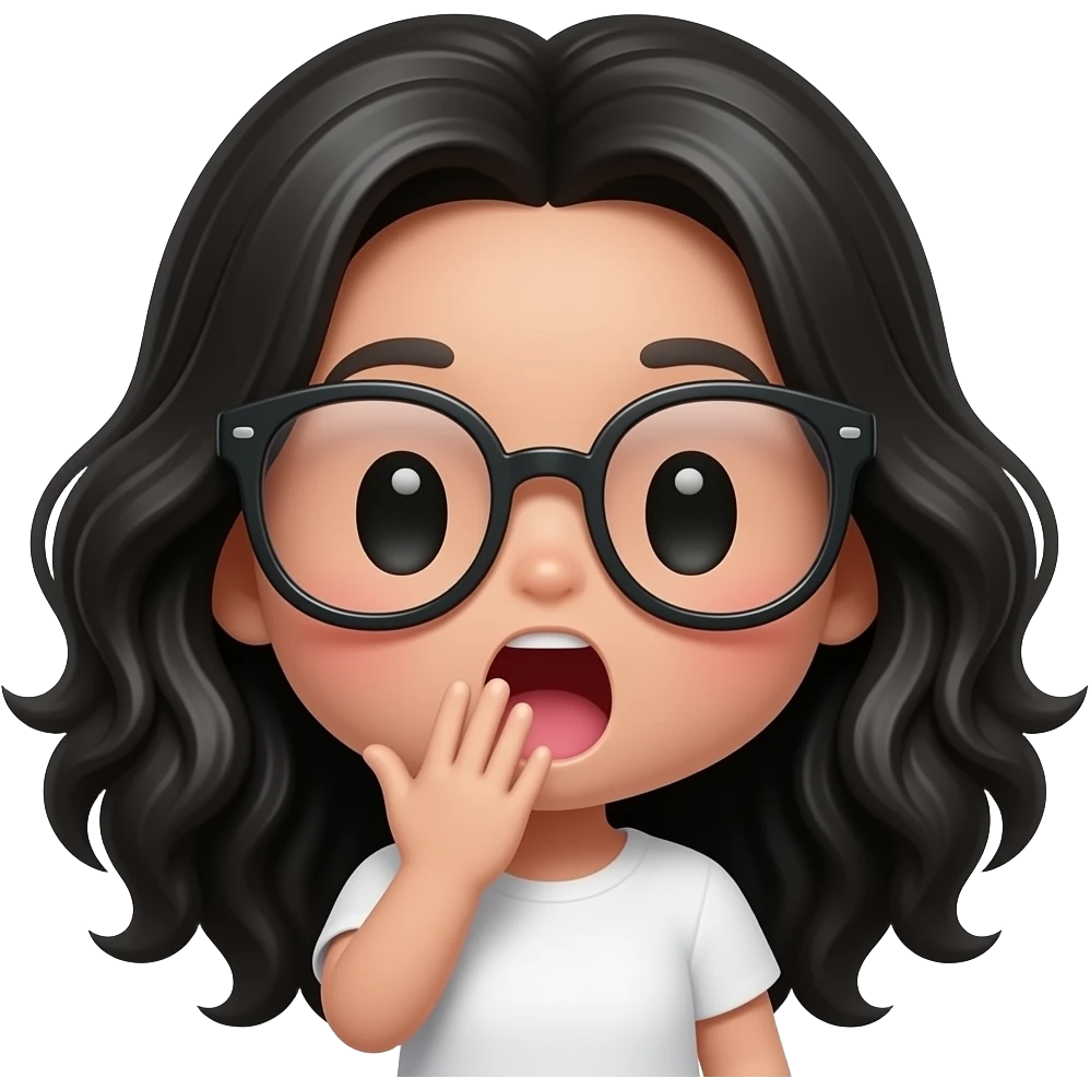 Kawaii style round very light brown glossy with oversized glasses and long curly black hair, yawning with hand in front of mouth emoji