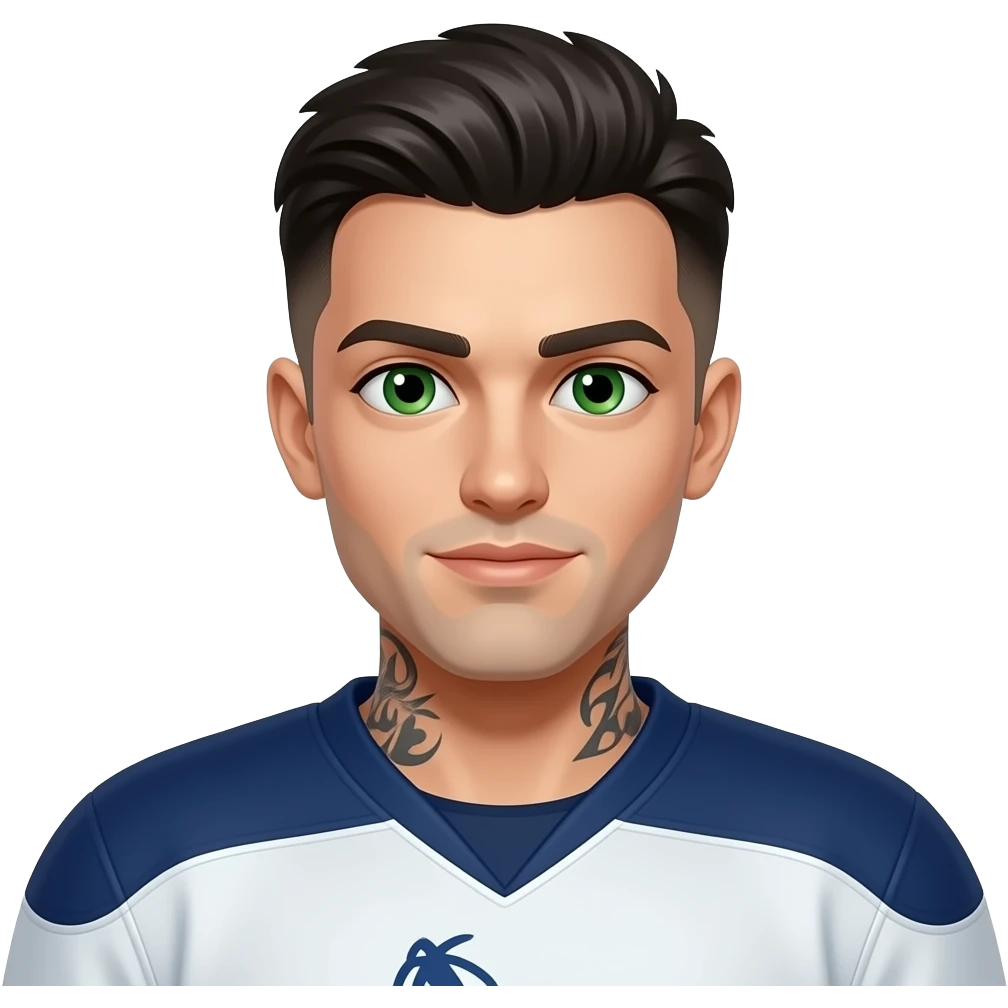 Cheveux noirs
Yeux verts
Low taper fade
Peau pâle (laiteuse)
Tatoué
1 m 86
Hockey player emoji