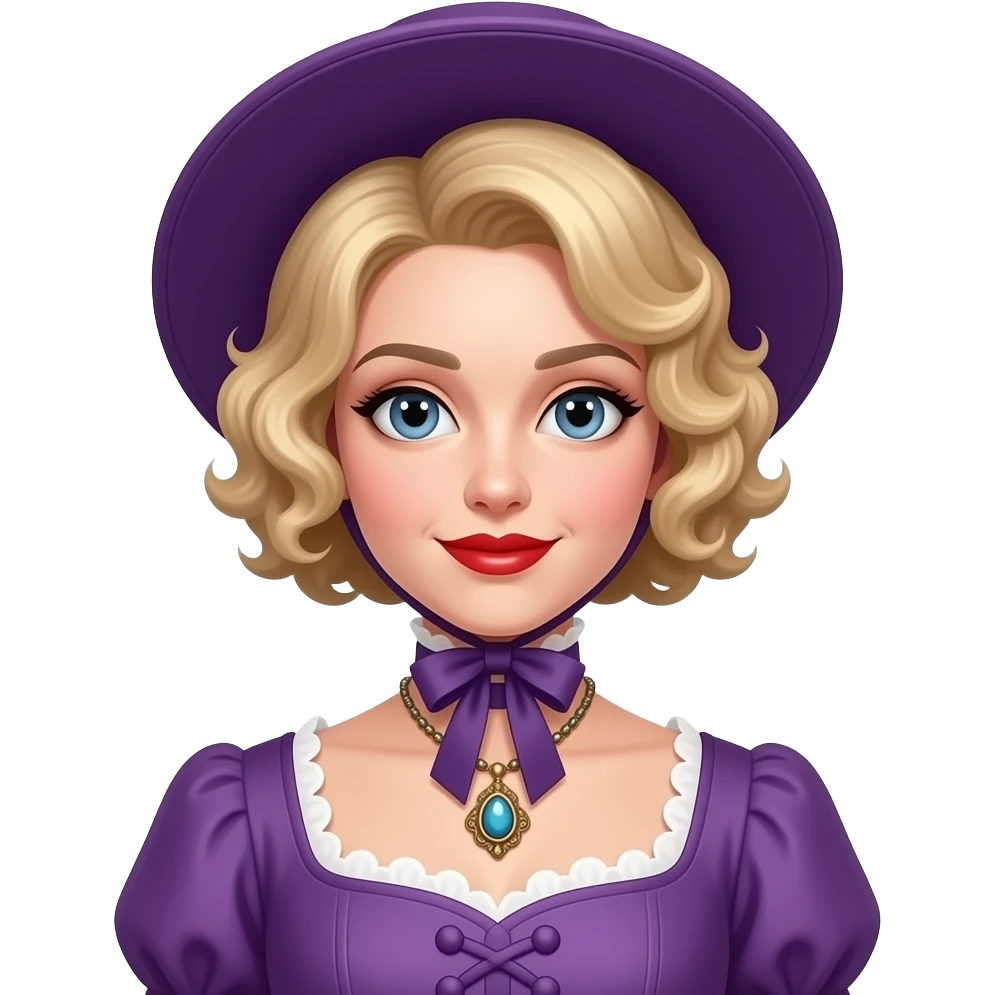 Victorian look with blonde short tight curls bob hair side swept in a purple victorian dress, antique necklace and purple Victorian hat, red lipstick emoji
