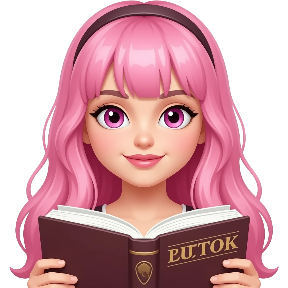 sexy girl with long pink hair and pink eyes holding a -BOOKTOK- emoji