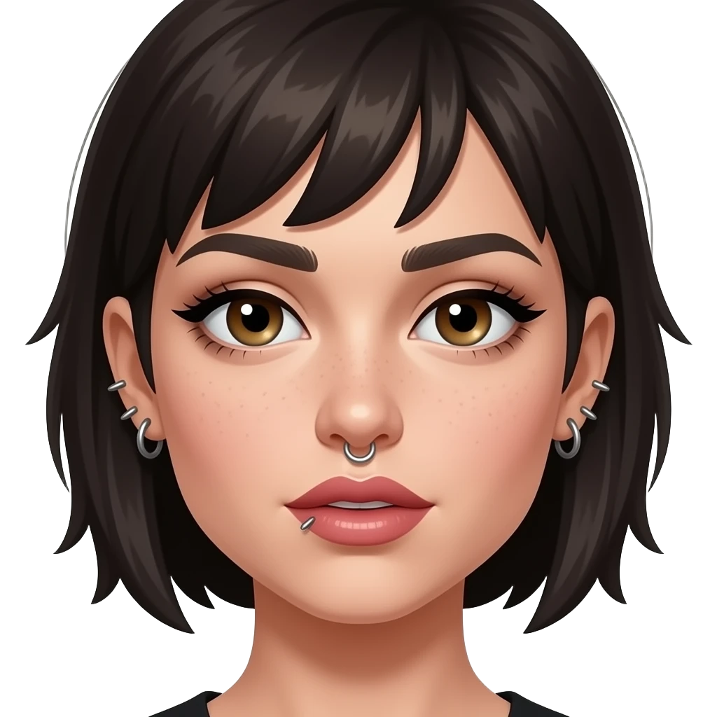 white woman with big lips, lots of piercings, and fake eyebrows.  Make the hair shorter and dark emoji
