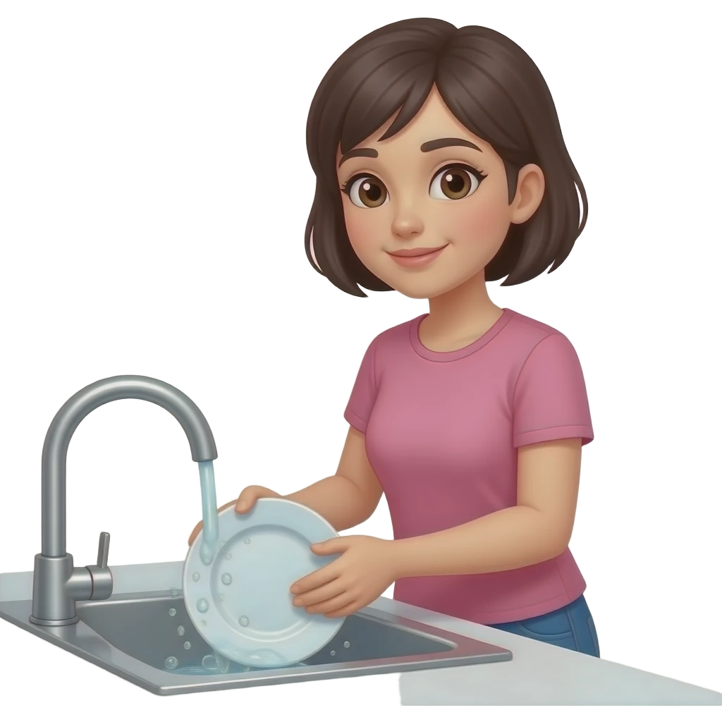 chica de cabello oscuro y corto sin accesorios, con ojos color cafe, con camiseta solida color rosa, lavando los platos en la cocina emoji