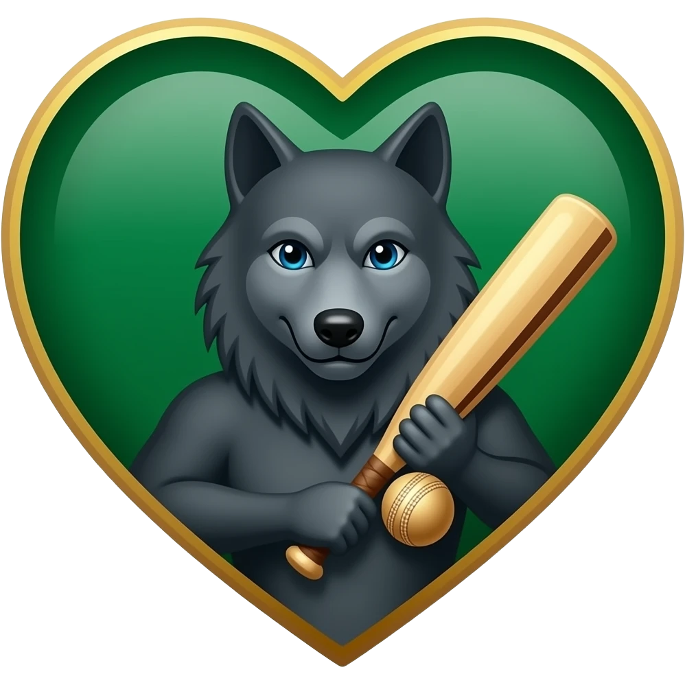 Dark Green  and gold heart with a dark grey wolf holding a cricket ball and bat emoji
