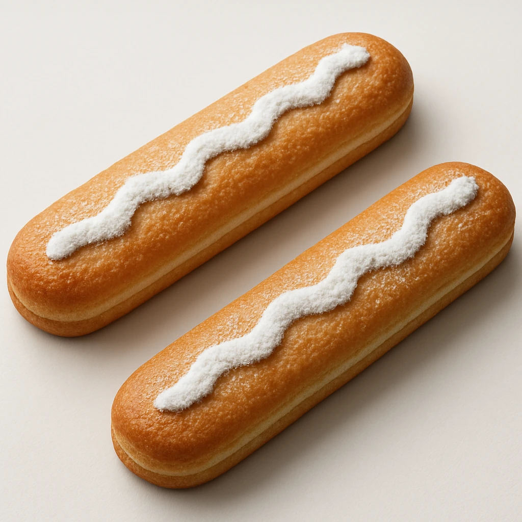 Make the ladyfinger biscuits more realistic: boost the golden-brown tones, add fine spongy and crisp texture, improve the powdered sugar detail, and refine the lighting and shadows for a highly realistic 3D effect. Keep the arrangement and background the same, no anthropomorphic features. The style should maintain the original realistic photographic look of the biscuits. emoji