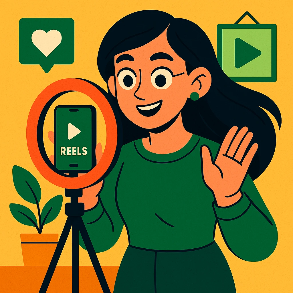 passionate content creator with long black hair, green clothing, making a reel on her phone, friendly and smart expression, clean modern illustration style emoji