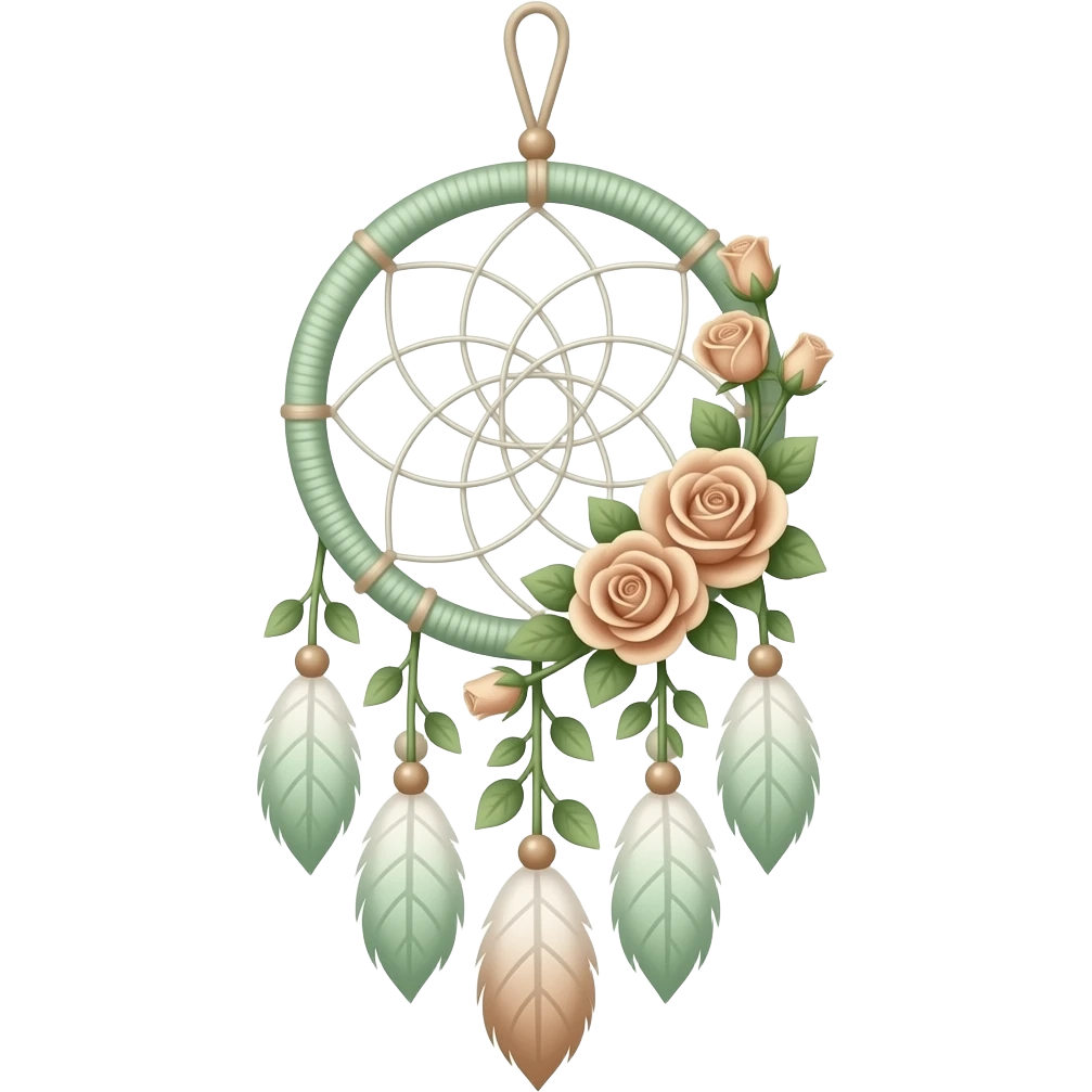 Cute dainty neat Pastel Green-white-brownish-beige-gradients thread-rope-hanging dreamcatcher, pastel colors, whitish, light, green academia aesthetic, mossy, with green vines and beige roses emoji