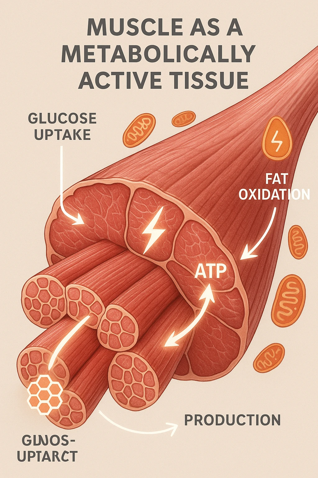 a highly detailed cross-section of human skeletal muscle fibers, shown in vibrant red and pink tones, with visible striations and realistic texture. Glowing arrows and animated icons represent active metabolic processes—such as glucose uptake, fat oxidation, and ATP production—occurring within the muscle tissue. Surrounding the muscle, floating symbols for mitochondria and energy highlight its metabolic activity. The background is clean and clinical, with subtle labels and infographics explaining that muscle is a metabolically active tissue. The overall style is modern, scientific, and visually engaging, suitable for educational or medical use. emoji