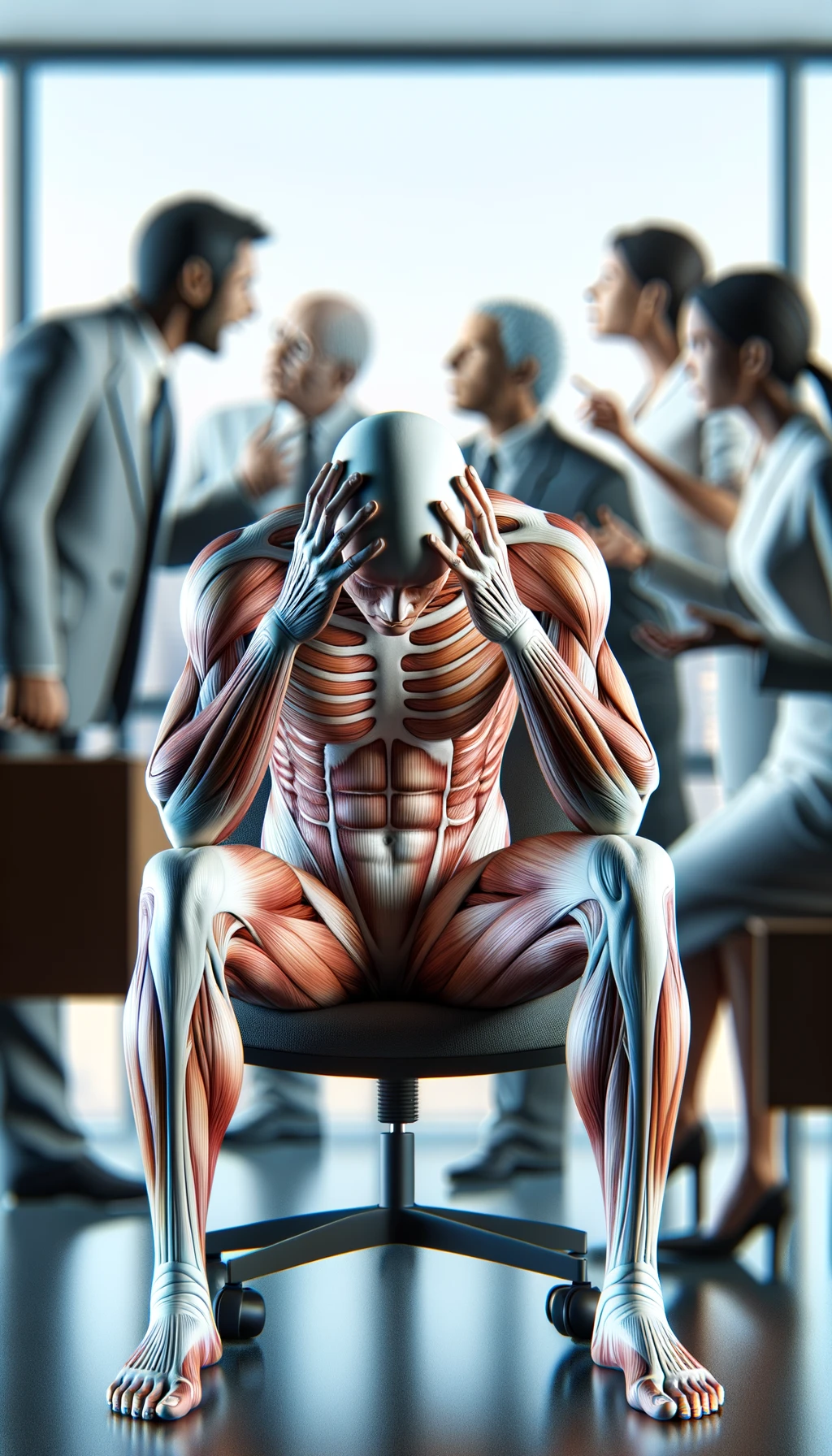 CORPO UMANO ANATOMICO SEDUTO IN UFFICIO CON PERSONE SFOCATE SULLO SFONDO CHE GLI PARLANO E LO ASSILLANO, LUI SI TIENE LE MANI SULLA TESTA ED è MOLTO STANCO E STRESSATO, IPERREALISTICO 4K emoji