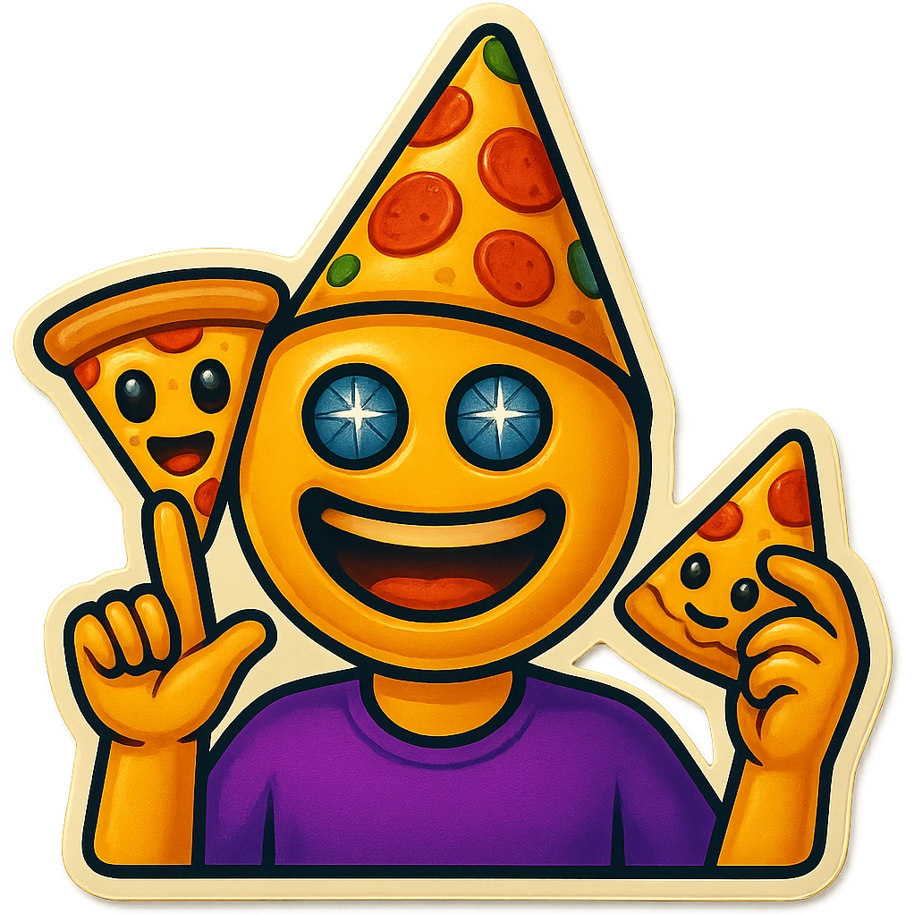 Make the left hand clearly form a finger gun gesture, while keeping the rest of the emoji the same: laughing face with disco ball eyes, tilted party hat, and holding pizza in the other hand, with no background. emoji