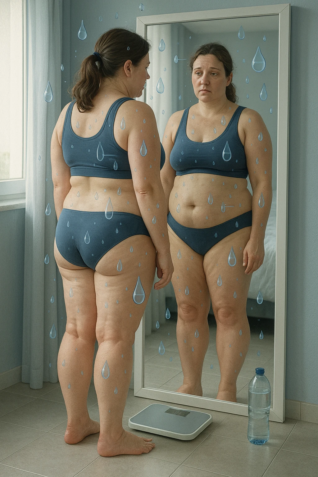 Donna tra i 30 e i 40 anni con viso e corpo leggermente gonfi, in piedi davanti allo specchio in abbigliamento sportivo o intimo. Le gambe, le caviglie e l’addome appaiono visibilmente gonfi, con lieve arrossamento o sensazione di pesantezza. Accanto a lei una bilancia e una bottiglia d’acqua mezza piena. Espressione stanca ma consapevole. In trasparenza o simbolicamente, piccole gocce d’acqua o flussi liquidi bloccati, per rappresentare la ritenzione. Colori freddi, luce naturale e ambiente domestico. Stile realistico, con accenti simbolici ben comprensibili emoji