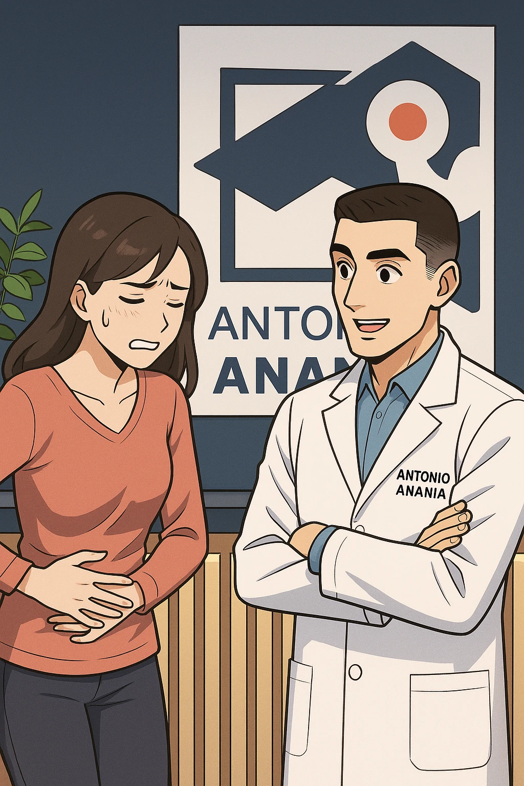 su questo stile fai un manga/webtoon a colori in cui una donna si lamenta che sta male e ha mal di pancia, l'uomo della foto in stile manga gli risponde, mantieni un ambiente simile alla foto che ho allegato con il suo logo (sarebbe il suo studio, lui è un kinesiologo), scrivigli "ANTONIO ANANIA" sul camice bianco, non mettere fumetti, ma fai in modo che sembri che la donna chiede una cosa e l'uomo risponde alla sua domanda emoji