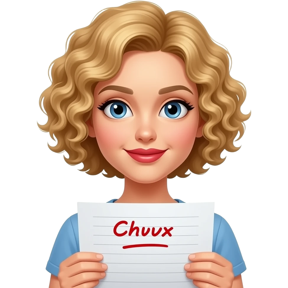 short blonde tight curly hair bob looking holding a paper of subtitles in red lipstick emoji