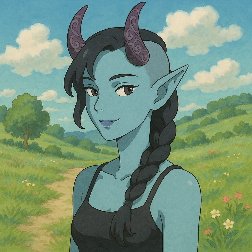 1 female, incubus, light blue skin, black hair, long braid, side of her head is shaved. Purple horns carved with inlay pattern. emoji