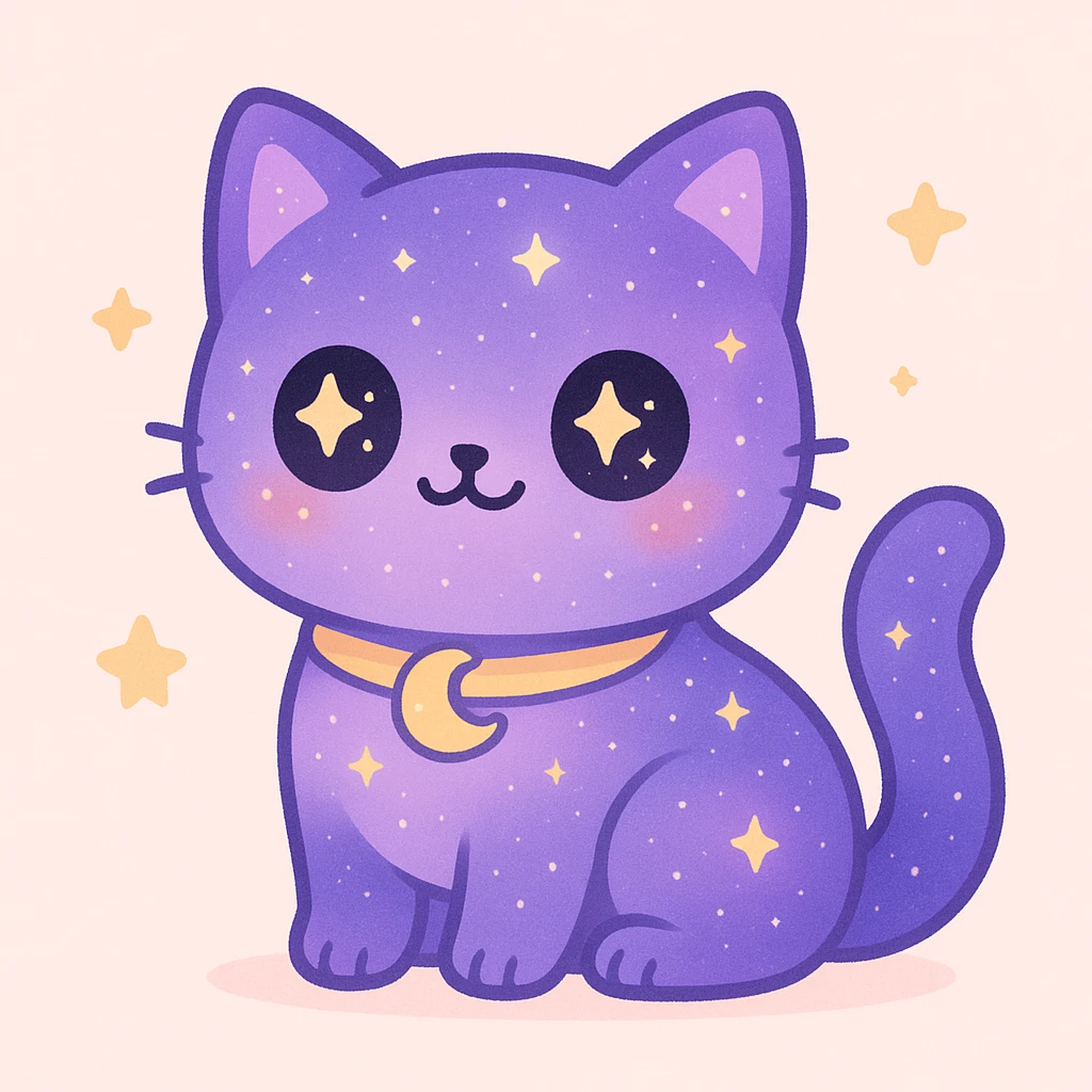 adorable purple cat with galaxy fur, gothic style, crescent moon collar, starry eyes, magical vibe emoji