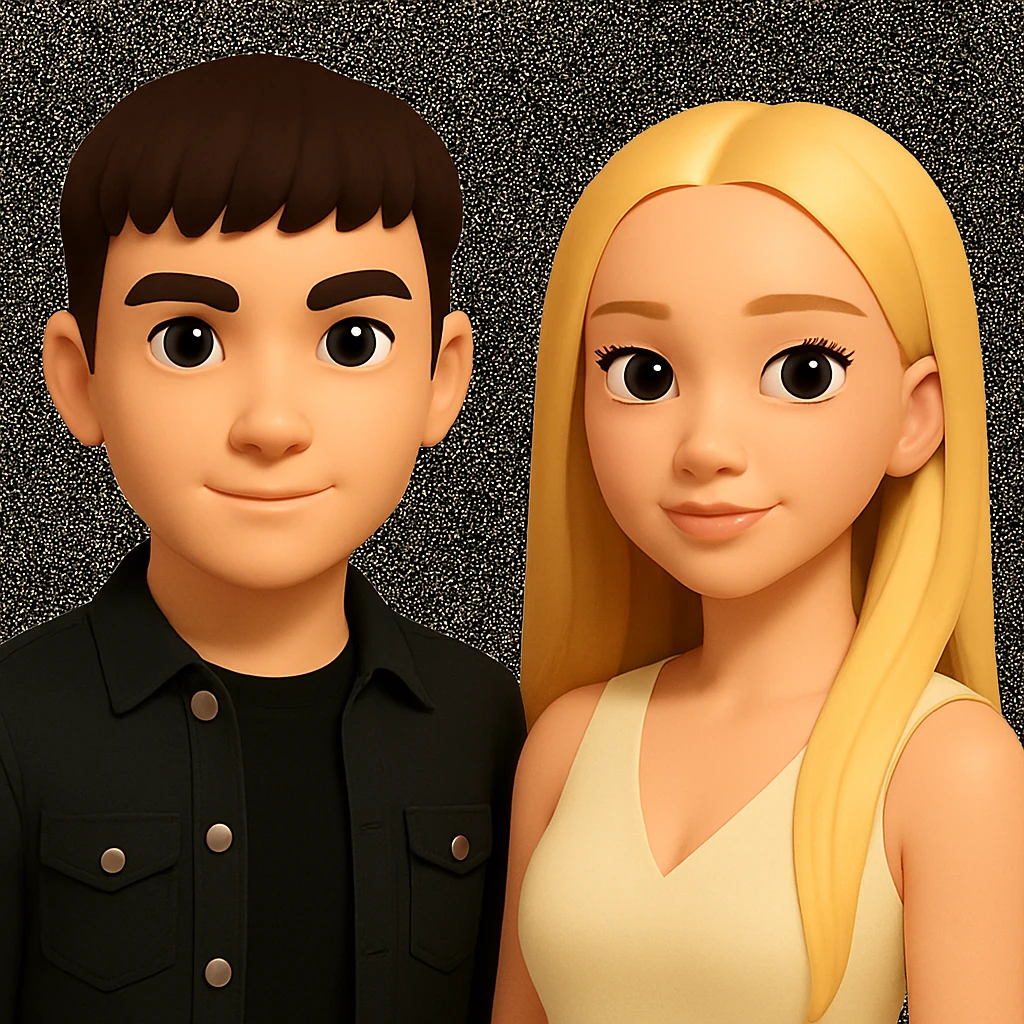 Slightly increase the volume of the upper body of the girl, significantly spread them apart from each other, make the skin color the same for both characters, keep the cartoon style as in the reference image. emoji