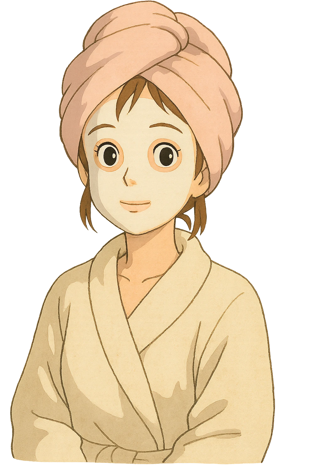 a girl with brown hair, wearing a bathrobe and a pastel pink towel turban, with a white facial mask, ghibli style emoji