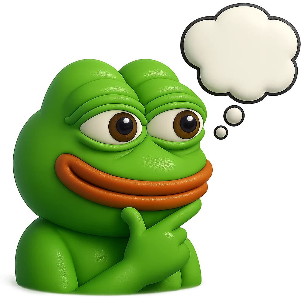 make a pepe in bright green smiling with thought bubble looking at right side in 3d style, good highlights and shadows, drop shadows emoji
