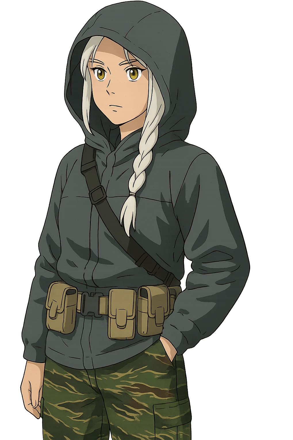 1 female, mid-20's  white hair long braid, gold yellow eyes, gray waterproof tactical shirt hoodie, hood up, single point sling, tan mag pouches on belt rig, tiger stripe camo pants,  emoji