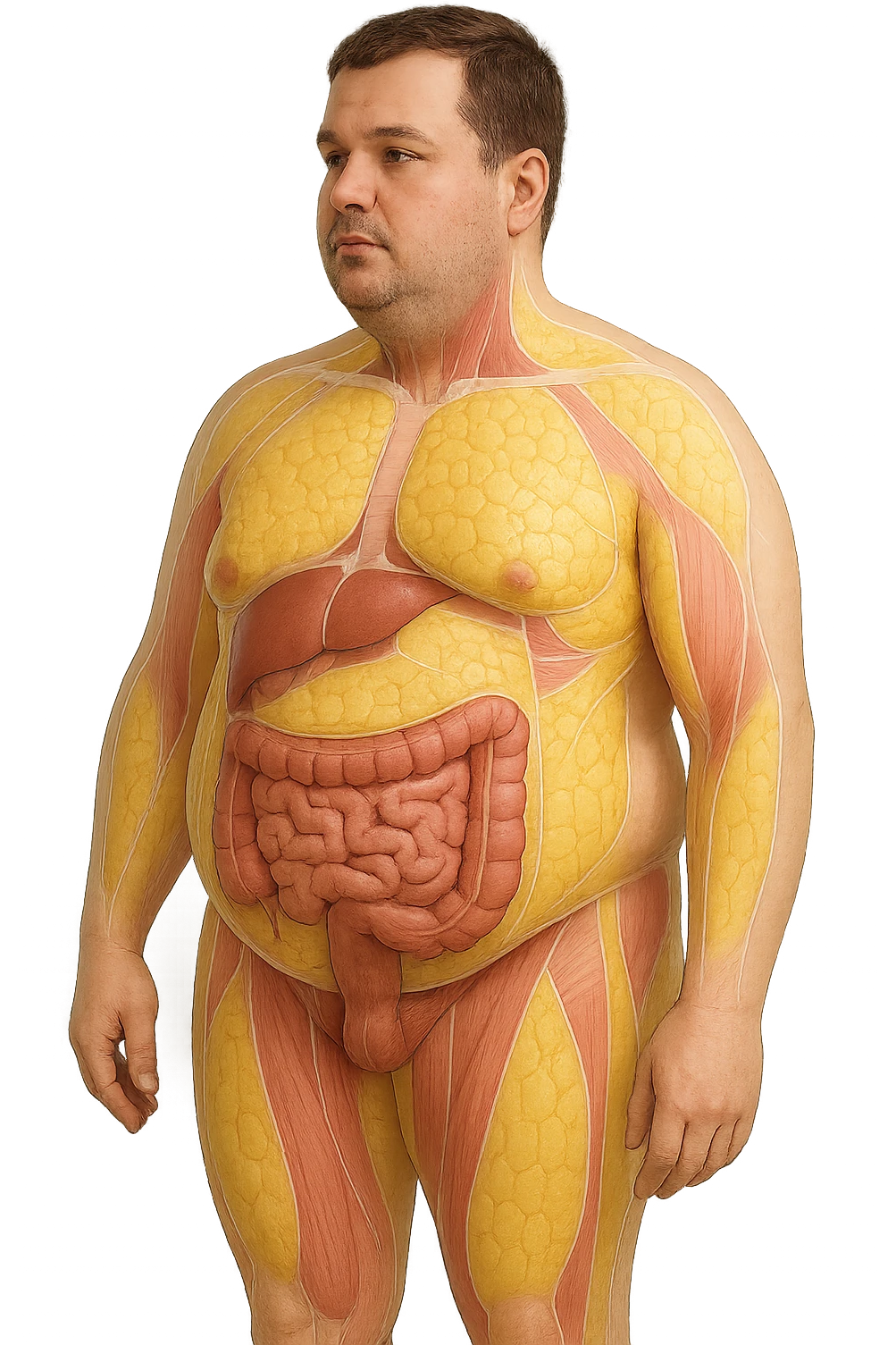 an adult man with a visibly overweight physique stands in a clinical setting. Semi-transparent overlays highlight areas of fat accumulation, especially around the abdomen, chest, and thighs. The fat tissue is shown in yellow, contrasting with underlying muscles and organs. The background is clean and modern, emphasizing the educational aspect. senza scritte emoji