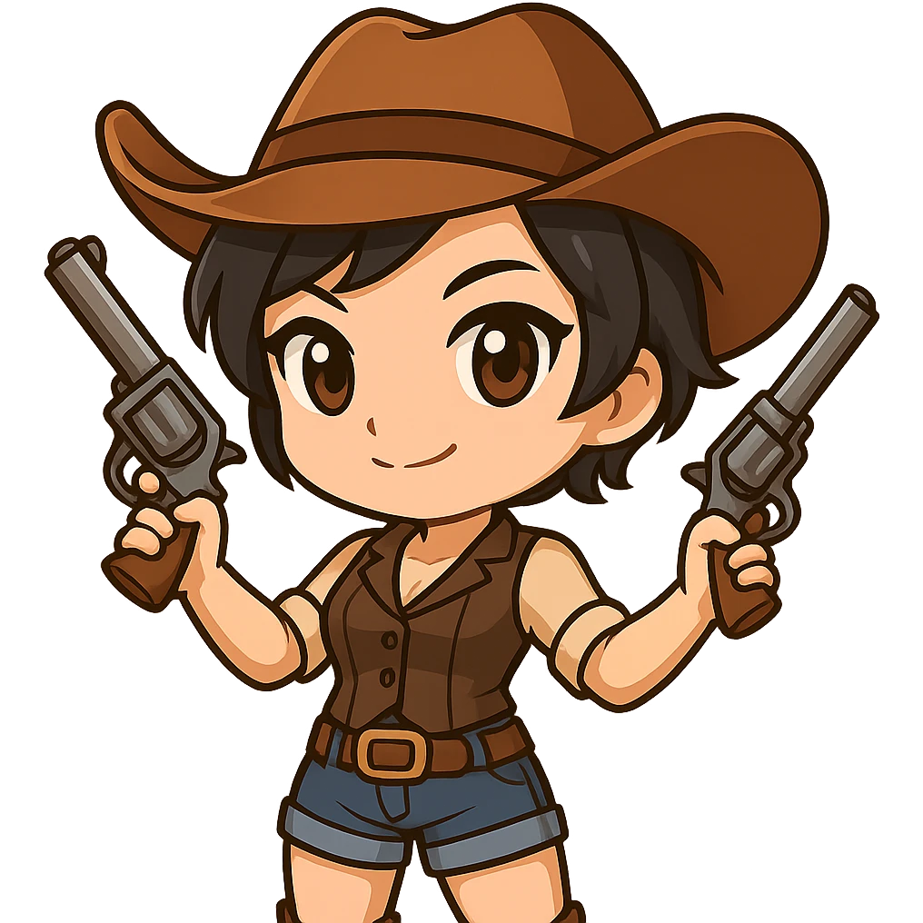 Change the outfit of this sexy chibi cowgirl to a more modern, stylish cowgirl look with a fitted vest, denim shorts, boots, and a belt with a big buckle. Keep the short hair, cowboy hat, confident pose, feminine features, and two guns. Maintain the chibi/anime style. Transparent background, sized for Twitch or Discord use. emoji