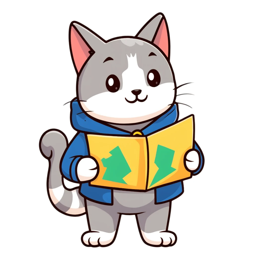 Explorer cat with map in paws, mountains and starry sky behind, wearing explorer outfit and cloak blowing in wind, gazing at horizon emoji