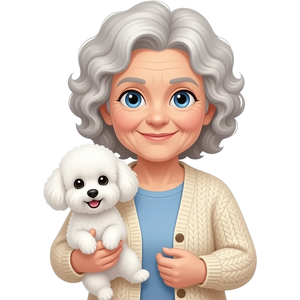 Elder woman curly hair blue eyes having a  white Maltipoo emoji