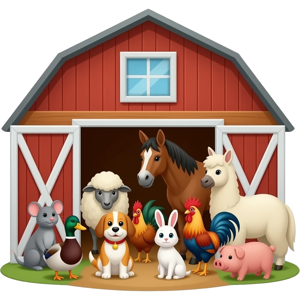 Not hybrids. animals inside the barn like have: bottom door: Duck, mouse, dog, horse, sheep, chicken, donkey, pig, goat, cat, rooster, rabbit, and llama. emoji