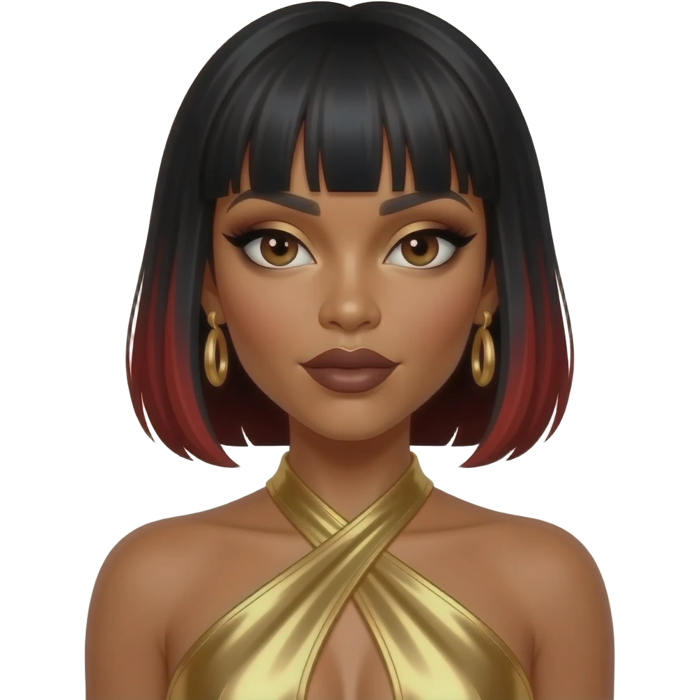 Kelly Rowland from Destiny's Child with dark brown eyes, black bang hair with red highlights, gold eyeshadow, dark brown lipstick, gold metallic halter dress, gold earrings emoji