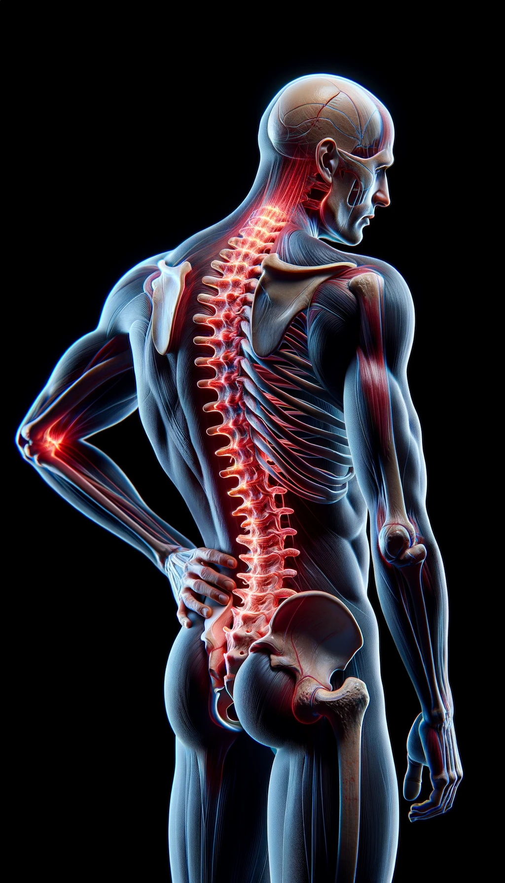 corpo umano anatomico di profilo e fisico storto, spina dorsale in evidenza, dolore alla schiena su un lato, iperrealistico 4k emoji