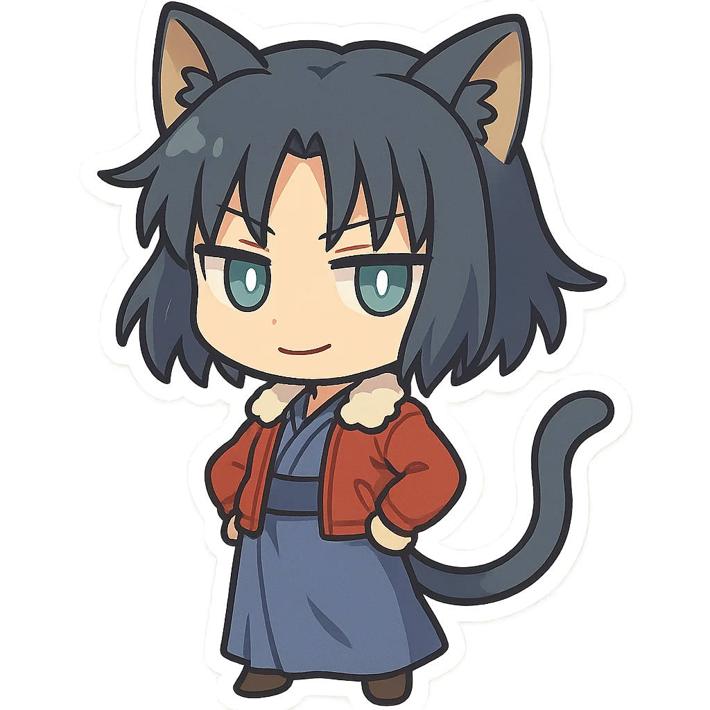 chibi Ryougi Shiki with cat ears and cat tail, Mystic Eyes of Death Perception, slight smirk, cool and detached, true to her personality emoji