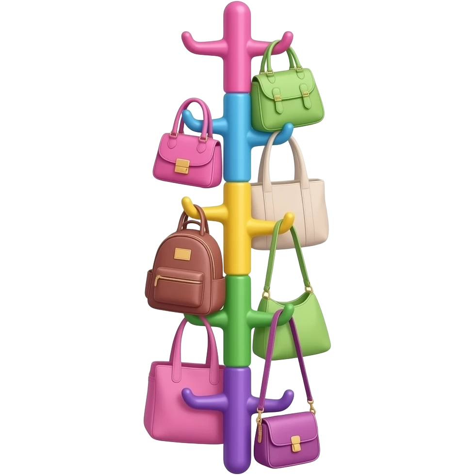 pink, blue, yellow, green, purple vertical standing coat hanger pole with multiple hooks , each level holding different bags such as handbags, backpacks, tote bags, and crossbody bags, inspired by Barbie colour palette emoji