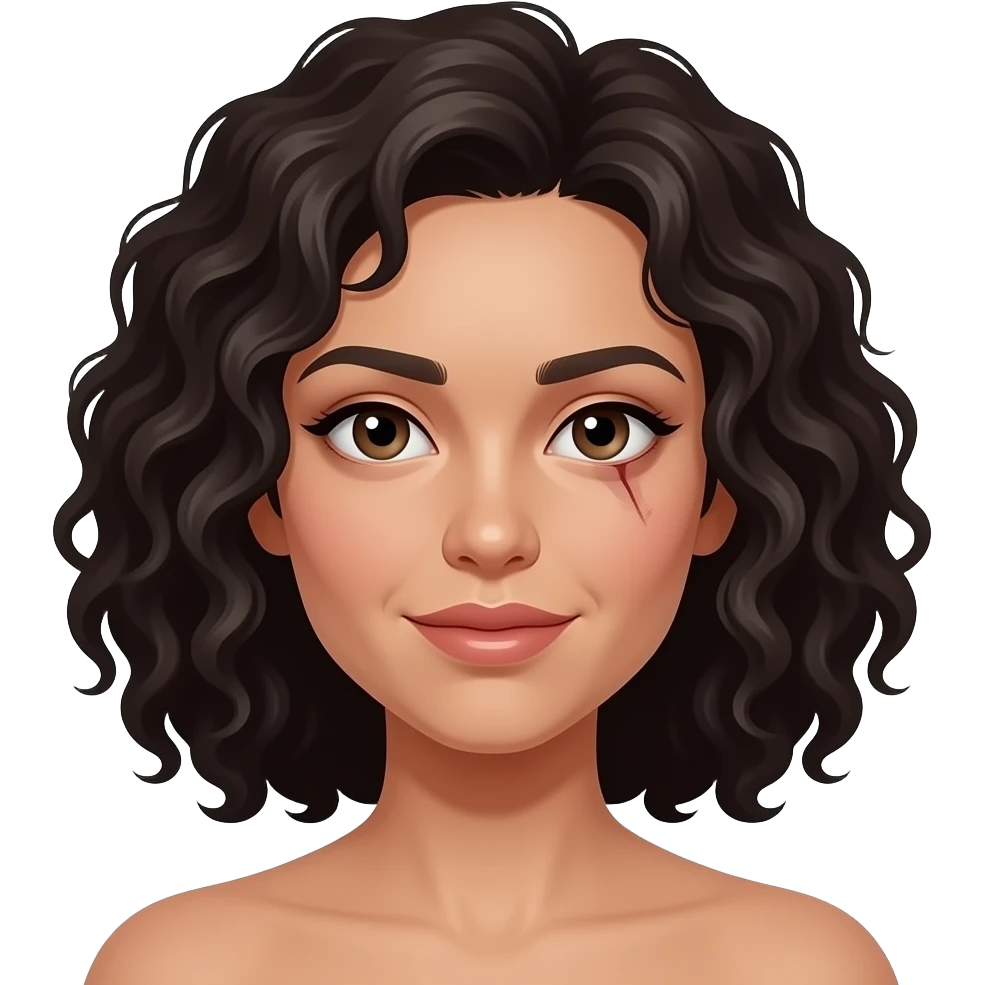 mulher morena, cacheada, rosto amendoado, com cicatriz na pálpebra direita emoji