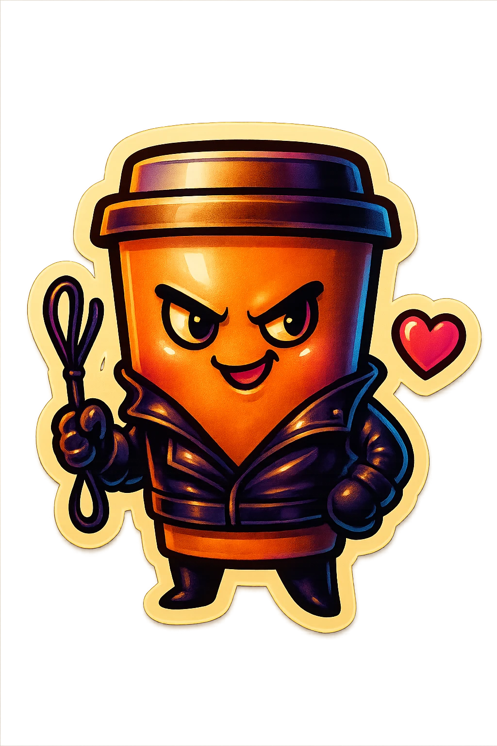 Tall coffee cup, dressed in leather holding a whipping paddle, mischevious, heart emoji
