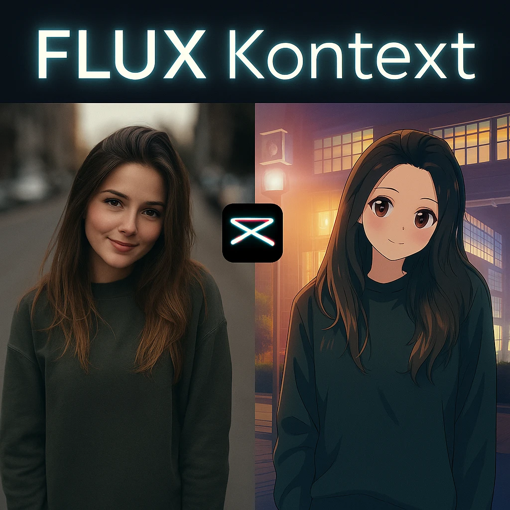recreate this image and add logo of  text "FLUX Kontext" on top of it emoji